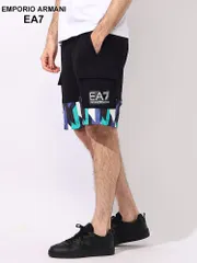 EMPORIO ARMANI EA7 (エンポリオ アルマーニ) 裾切替 ワイドポケット ウエストコード ショートパンツ (ブラック)のサムネイル