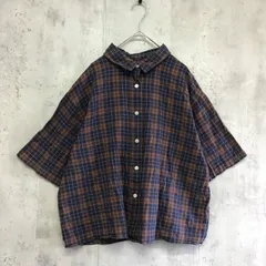 BACK NUMBER バックナンバー　麻混半袖シャツ　ブラウン×ネイビー×チェック柄　レディース　Mサイズ
