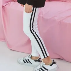 在庫処分中 [アイボリー110/150] サイドライン レギンス 長ズボン ラインパンツ ライン入り ボトムス