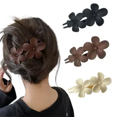 Alpha Depot 花形ヘアクリップ 3個セット 韓国風 大きめしっかり留まるマットフラワークリップ 通勤通学普段使いにも最適【ブラック・オフホワイト・ブラウン】 