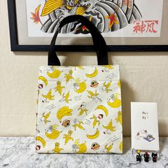お手軽猫柄ミニトートバッグ バナナネコ ホワイト ハンドメイド 手さげ