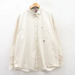 XL/古着 トミーヒルフィガー 長袖 ブランド シャツ メンズ 90s ワンポイントロゴ 大きいサイズ コットン ボタンダウン 薄ベージュ カーキ 2