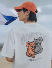 半袖Tシャツ オーバーサイズ バックプリント ストリート クマ 韓国 XL 白