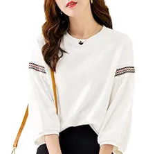 ホワイト_M セイラ ブラウス レディース ランタンスリーブ ジャケット 夏 ラウンドネック ゆるい かわいい Tシャツ ドルマンスリーブシャツ ルーズフィット ドルマンスリーブ 七分袖 ファッション スモック カジュアル 通勤 半袖