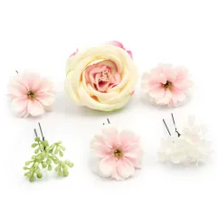 髪飾り 成人式 花 振袖 前撮り 袴 花 クリーム色 ピンク グリーン 白 6点セット 薔薇 バラ つぼみ 小さい 大きい かんざし 簪 No.12-0968