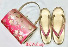 現品限り　used　草履・バッグセット　Ｍ寸　ゴールド　ピンク　薔薇柄　成人式　卒業式　和小物　お呼ばれ