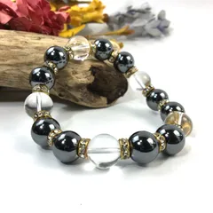 ヘマタイト&水晶 パワーストーン ブレスレット 天然石 12mm （ゴールド）メンズ・レディース　男性・女性　数珠ブレス　開運  [24]