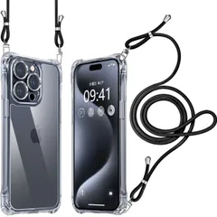 【最短発送】耐衝撃 レンズ保護 クリア アイフォン15 promax ショルダー スマホケース 肩掛け 首かけ ケース 斜めがけ 縄掛け Max カバー 調節可能な Pro 透明 落下防止 15 縦/横 紛失防止 iPhone 2WAY （ブラック）