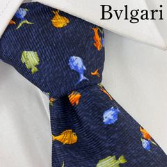 ブルガリ セッテピエゲ シルク ネクタイ ブルー ハート裏地 イタリア製 BVLGARI ブルガリ ネクタイ バード柄 アニマル柄 ブルー セッテピエゲ