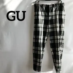 GUジーユーパンツチェック黒ブラック白ホワイト総柄メンズMおしゃれ
