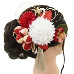 髪飾り 成人式 つまみ細工 赤 振袖 前撮り 袴 浴衣 夏祭り 花火大会 2点セット 白 玉飾り ちりめん 房付き ヘアアクセ 洋かん No.9-4167