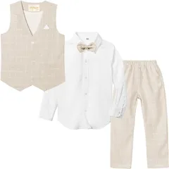 LOLANTA キッズ スーツ 男の子 フォーマル 子供服 4点セット ベスト ズボン ワイシャツ 蝶ネクタイ チェック柄 入学式 卒業式 入園式 結婚式 発表会 七五三( カーキ(ベスト4点セット),  160)
