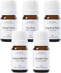 ease エッセンシャルオイル 5ml 5本セット　はじめてのアロマ　精油　（オレンジスイート ・ティートリー・グレープフルーツホワイト・ユーカリブルーガム・真正ラベンダー）
