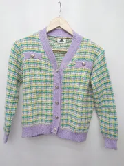 ◇ ⊇ ABITOKYO アビトーキョー チェック 長袖 ニット カーディガン サイズF グリーン パープル系 マルチ レディース P  【1407100015900】