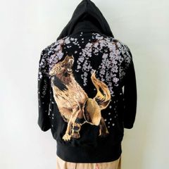 和柄　オオカミ刺繍　パーカー　黒　L　XL　XXL