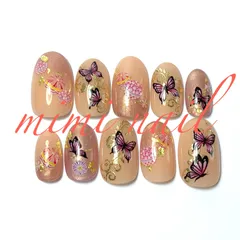 現品限り ベージュ&ローズ和柄ネイルチップ ハンドメイド ラウンド ジェルコート済