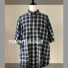 #337　TOMMY HILFIGER　トミーヒルフィガー　シャツ　半袖　ネイビー　チェック　メンズ　XL　古着