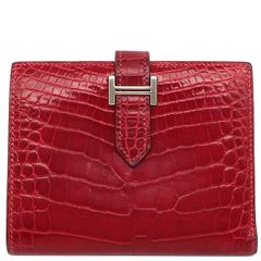 エルメス HERMES 二つ折り財布 ベアンコンパクト アリゲーター レッド系 シルバー金具 赤 クロコ  □M刻印 【箱】【中古】