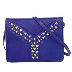 本物 イヴ サンローラン YVES SAINT LAURENT YSL スタースタッズ ショルダーバッグ ポシェット レザー ブルー バッグ 中古 【フォロー割】