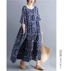 ゆったりロングワンピース　5分袖　フリーサイズ