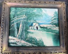 油彩画 ””初夏〜茅葺き屋根のある風景”” 三森桂作 共シール付 F6号 額