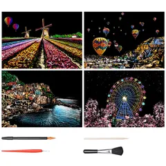 【フォロー割】夜景 レインボー絵 花火 スクラッチペーパー 観覧車 A4サイズ 花畑 21*29cm 彫刻アート スクラッチ極細ペン付き DIY 4枚入 削るだけで美しいアート スクラッチアート 部屋飾り LIANHATA (ヨーロッパ風景)