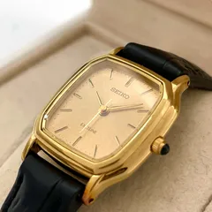 【電池交換済／美品】セイコー エクセリーヌ レディース 腕時計 3F31-5A20 クオーツ ゴールド文字盤 スクエアケース 黒革ベルト アナログ クラシック ビンテージ エレガント ドレスウォッチ クリーニング済 人気モデル G