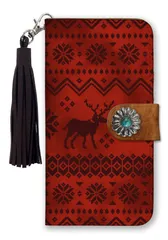 iPhone12 Pro Max ケース 手帳型 アイフォン12 プロマックス スマホケース フリンジ ストラップ付 コンチョ ノルディック柄 フェアアイル トナカイ かわいい オレンジ ピンク ネイビー カラー03