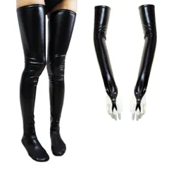 [MONEON] レディース ボンテージ ストッキング グローブ 2点セット フェイクレザー ブラック (ストッキング＆グローブ（指サック）) [ストッキング＆グローブ（指サック）]