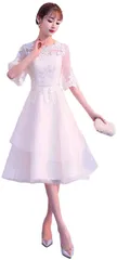 Ominefans 可愛い ウェディングドレス 二次会ドレス 結婚式 プリンセスラインドレス パーティードレス 新婦 挙式 ブライダル 袖あり 発表会 ホワイト( 白A-ひざ丈,  S)