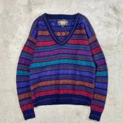 80年代 USA製 CHAPS Ralph Lauren チャップス ラルフローレン 兵隊タグ コットンニットセーター ボーダー Vネック メンズL 【SS2506】