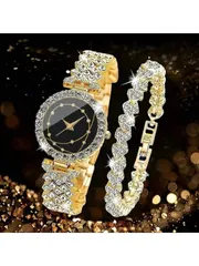 腕時計 レディース セット 2個 レディースファッションカジュアル ローマン数字ダイヤル フルダイヤモンド 英国風腕時計 ジュエリーアクセサリーセット ラインストーンブレスレットセット ウェディング 祝賀会 企業ギ