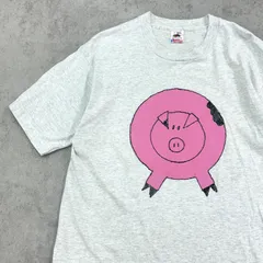 USA製　手書き豚さん　ユニークイラスト　トップス　半袖　Tシャツ　古着　杢グレー　杢ホワイト　薄灰色　L