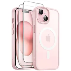 JETech 3 in 1 iPhone 15 6.1 インチ用 マグネット ケース 2枚強化ガラスフィルム付き MagSafe対応 半透明マットバック 耐衝撃スマホカバー (ピンク) 1