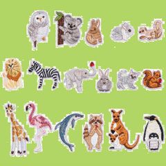 【在庫処分】動物ワッペンしまうま XUNHUI うさぎ ねこみみずくジラフぞうライオンカンガルーペンギンアップリケワッペン動物園アップリケ 17枚セット