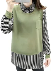 Four leaf 1枚で主役級 重ね着風 トップス レディース 長袖 チュニック 異素材 ミックス レイヤード風 ニットベスト ストライプ ブラウス シャツ 襟付き 縦縞 おしゃれxモダン(グリーン,  Free Size)