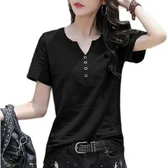 送料無料 ボタンが 可愛い シック Vネック ブラック Tシャツ カットソー チュニック 半袖/ 紫外線 温感 クリスマス 冬 プレゼント