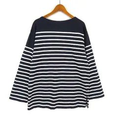 ユニクロ UNIQLO ボーダー オーバーサイズT カットソー プルオーバー ボートネック コットン ドロップショルダー 長袖 L 紺 ネイビー 白 ホワイト