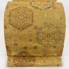 袋帯 美品 秀品 亀甲華文 花唐草 金糸 山吹茶色 六通 正絹 【中古】