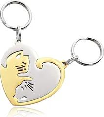 D・STONE 猫 キーホルダー ペア カップル キーリング ネコちゃん ステンレス製 プレゼント(金色と銀色,  S)