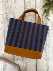 会津木綿と帆布のトートバッグ　こはん縞✖️からし