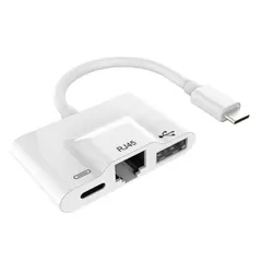 USB-C to USB2.0/LAN/C-F 3in1 変換アダプタ USB3.1 タイプC-USB2.0 OTG LAN 10/100Mbps C-PD 20V 有線LAN オスーメス 15cm for MacBook、ChromeBook Pixelなど