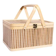 merrytime バスケット 収納 籠 ふた付き 竹編み 手作り ナチュラル 大容量 ピクニック 持ち手付き 裁縫箱 コスメ収納 旅行用品 和風雑貨 北欧風 インテリア雑貨 トラベル用品 ナチュラル [ナチュラル]