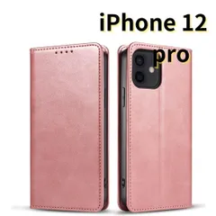 ［ショップス］ iPhone12 pro レザー風 スマホケース 手帳型 ピンク 耐衝撃 マグネット式 カードケース　E