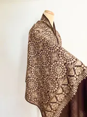 カシミール 刺繍 ショール ストール 羽織 ウール 大判 ブラウン 茶 モカ