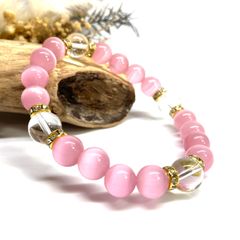 キャッツアイ(ピンク)×水晶パワーストーン ブレスレット  (ゴールド) メンズ・レディース　男性・女性　数珠ブレス 開運 [23]