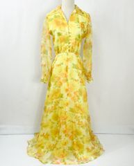 ヴィンテージ 70s USA製 花柄 総柄 フラワープリント 長袖 オーガンジー ロングワンピース ドレス 輸入古着 海外古着 レディース レトロガーリー 昭和レトロ ビンテージ 70年代 アメリカ製 総柄 イエロー 【S372】