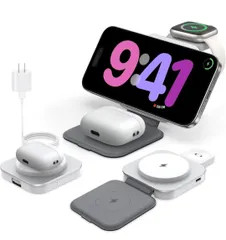★【超コンパクト】ワイヤレス充電器 3in1 折り畳み式 Magsafe充電器 Qi急速充電 同時に3つのデバイス充電 15W/10W/7.5W マグセーフ充電器 マグネット式 iPhone 携帯充電器【20W PD3.0アダプター付属】ホワイト