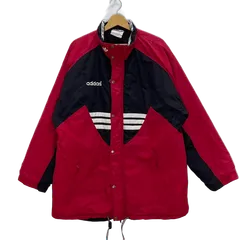 80~90's vintage 80~90年代 ヴィンテージ adidas アディダス スリーライン ナイロンジャケット 中綿 ウエストドローコード アウター 長袖 バックプリント ワンポイント刺繡 オーバーサイズ ビッグシルエット マレーシア製 レッド