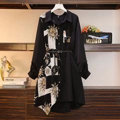 レディース シャツワンピース 春夏秋 ゆったり 可愛い ベルト付き 通勤 長袖 大きいサイズ LWDA235(2色L-4XL)